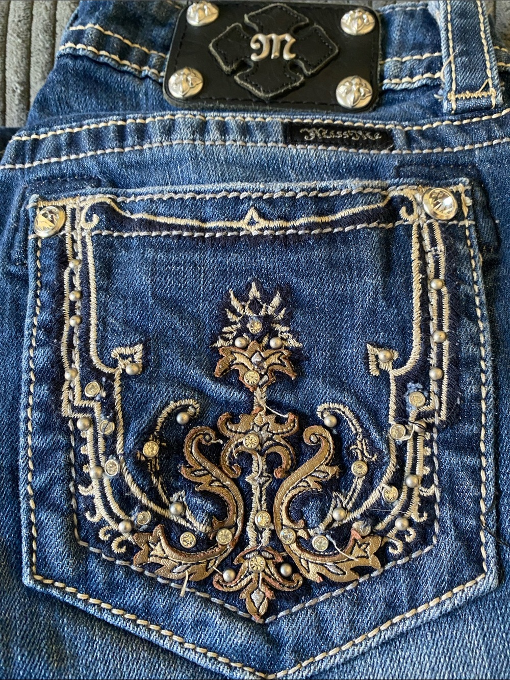 Vintage Y2K Miss Me Low Rise Jeans with Gold Embroidered Jeweled Pocket